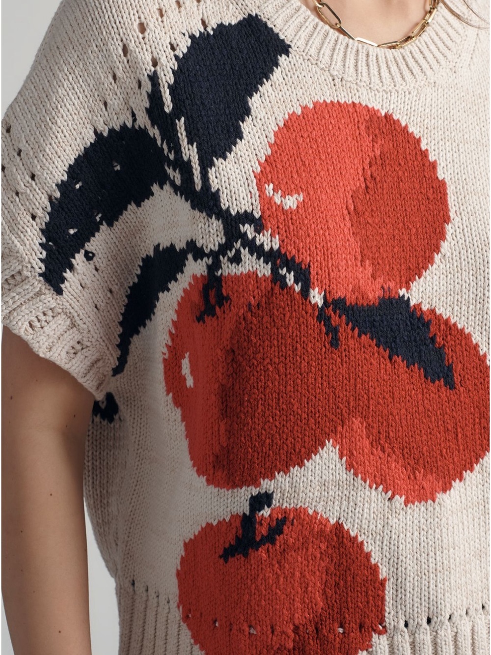 NWT Maeve Short-Sleeve Crew-Neck Veggie Motif Graphic Sweater - Red Apple - L - Picture 2 of 8